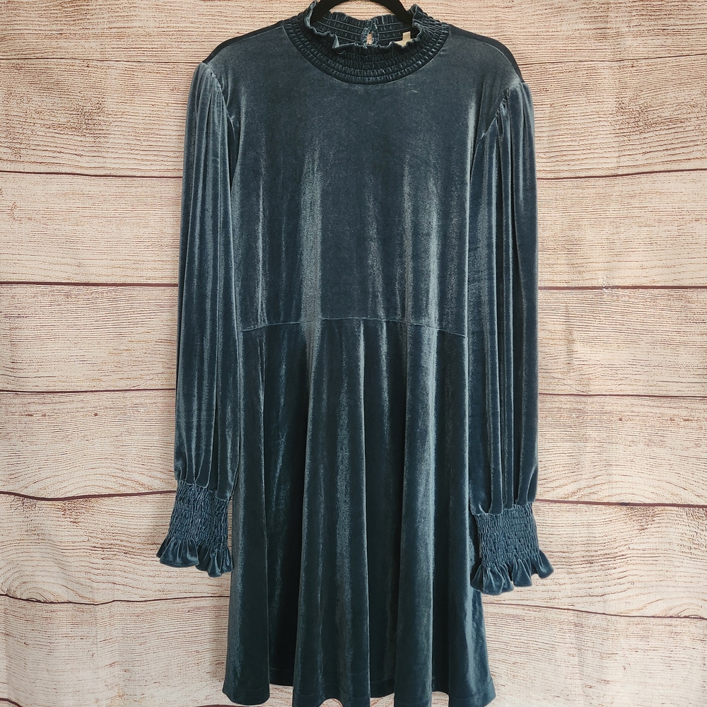 Easel Velvet Long Sleeve Smocked Dress Dusty Teal - 1X